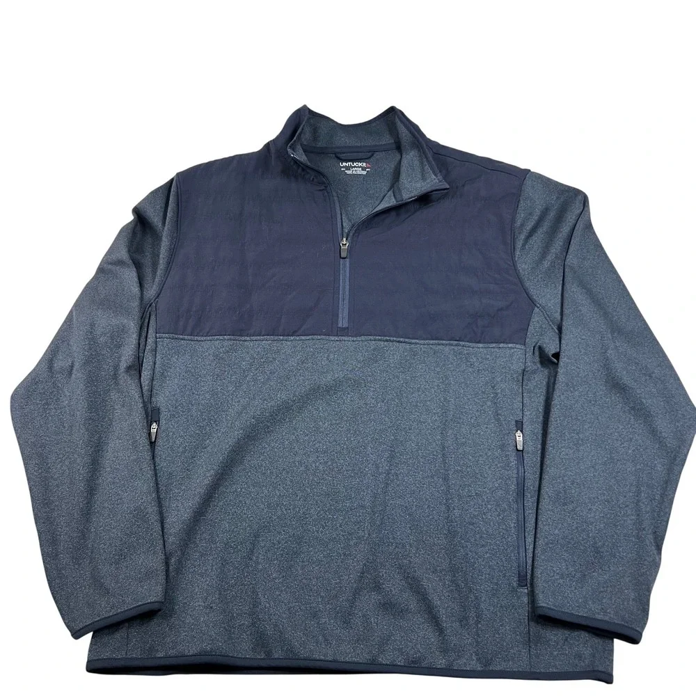 UNTUCKit Mens Large Quarter Zip Pullover Mixed Media Quilted Navy‎ Grey Jacket